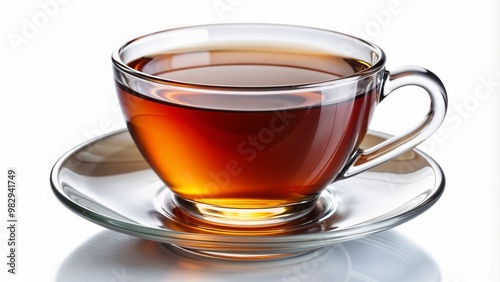 Elegant glass cup of tea with saucer on a bright white background 