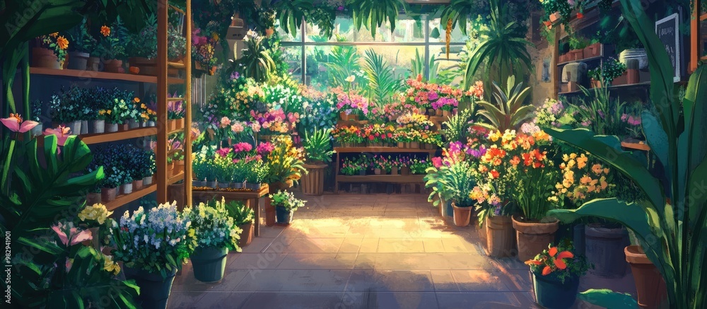 Painting of a vibrant plant and flower market showcasing a variety of colorful flora and lush greenery Painting of a vibrant plant and flower market showcasing a variety of colorful flora and lush greenery