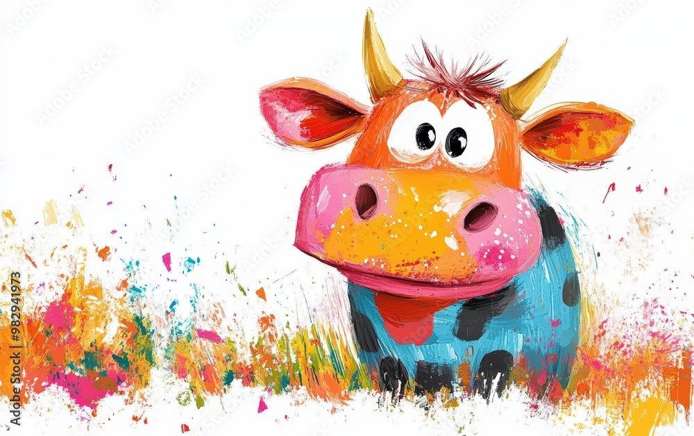 Fototapeta premium kids book tales illustration of funny cow. Painted illustration. Kids book style on white background 