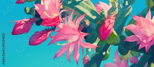 Vibrant artwork featuring stunning pink flowers of the Christmas cactus known as Schlumbergera truncata photo