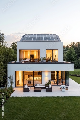 Sustainable Luxury Living Modern White House with Solar Panels, Serene Patio Oasis and Lush Green Surroundings - Architectural Symmetry, Energy Efficiency, Tranquil Home Concept