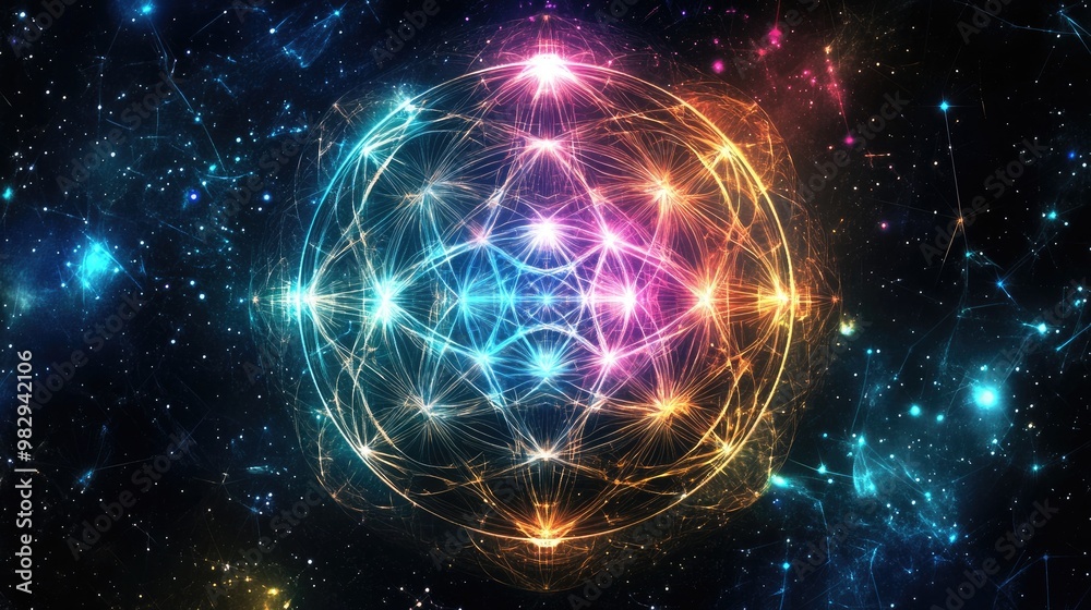 Fototapeta premium Colorful round sacred geometry symbol with glowing stars set against a backdrop of black white and blue Suitable for logo game cover or card designs