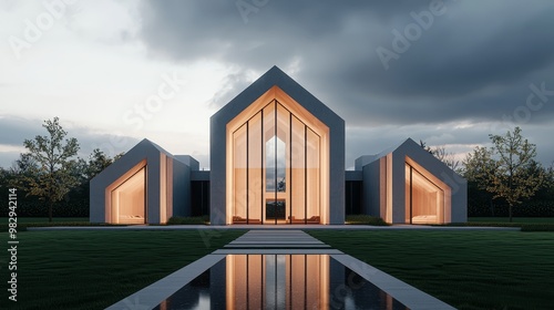 Symmetrical Elegance Modern House with Reflective Pool in Twilight Setting - Contemporary Architectural Serenity and Tranquility under Dark Sky