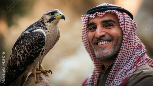 A smiling man in traditional attire poses with a falcon, showcasing a bond between human and bird in a natural setting.