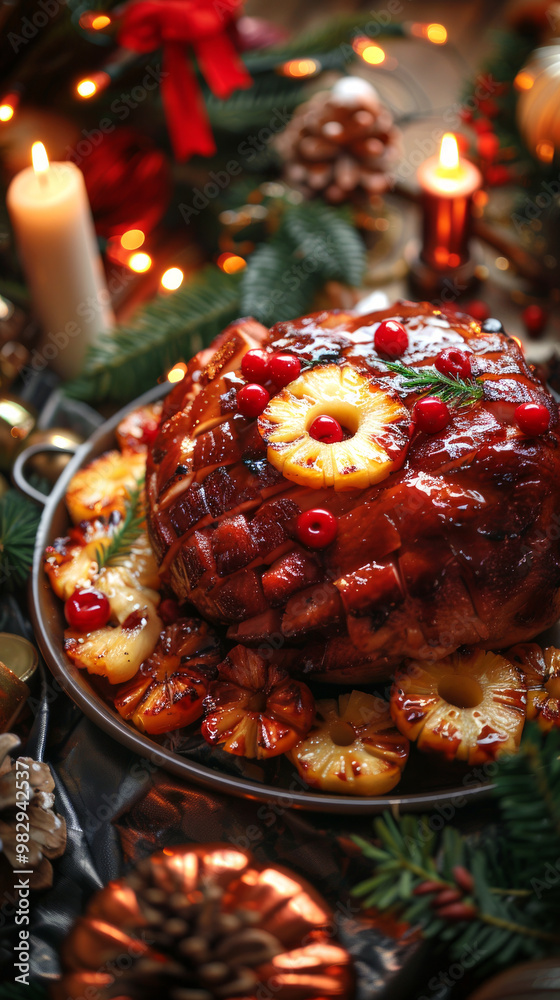 Delicious Glazed Christmas Ham Served with Pineapple and Citrus Slices on a Festive Table. Concept of Holiday Feast, Gourmet Celebration, Traditional Christmas Cuisine. Vertical Delicious Glazed Christmas Ham Served with Pineapple and Citrus Slices on a Festive Table. Concept of Holiday Feast, Gourmet Celebration, Traditional Christmas Cuisine. Vertical