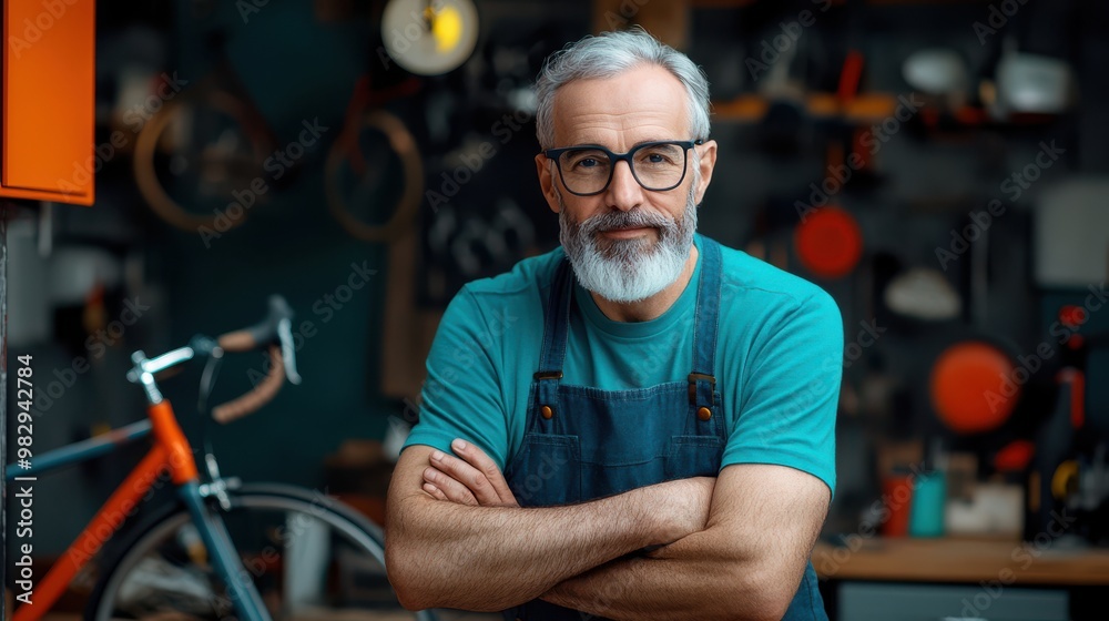 Confident Senior Mechanic in Workshop with Bicycles Confident Senior Mechanic in Workshop with Bicycles