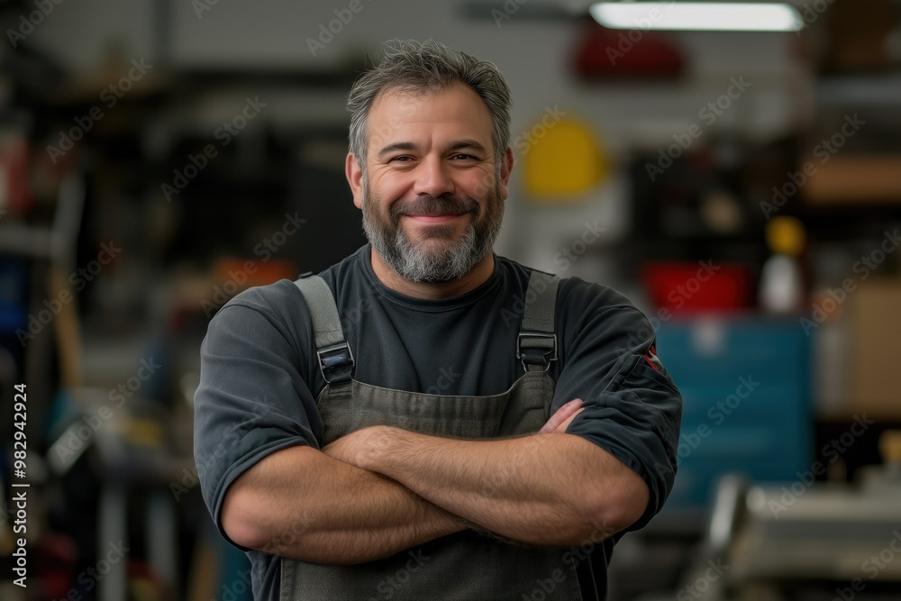 Obraz premium Portrait of a smiling man with crossed arms in a workshop.