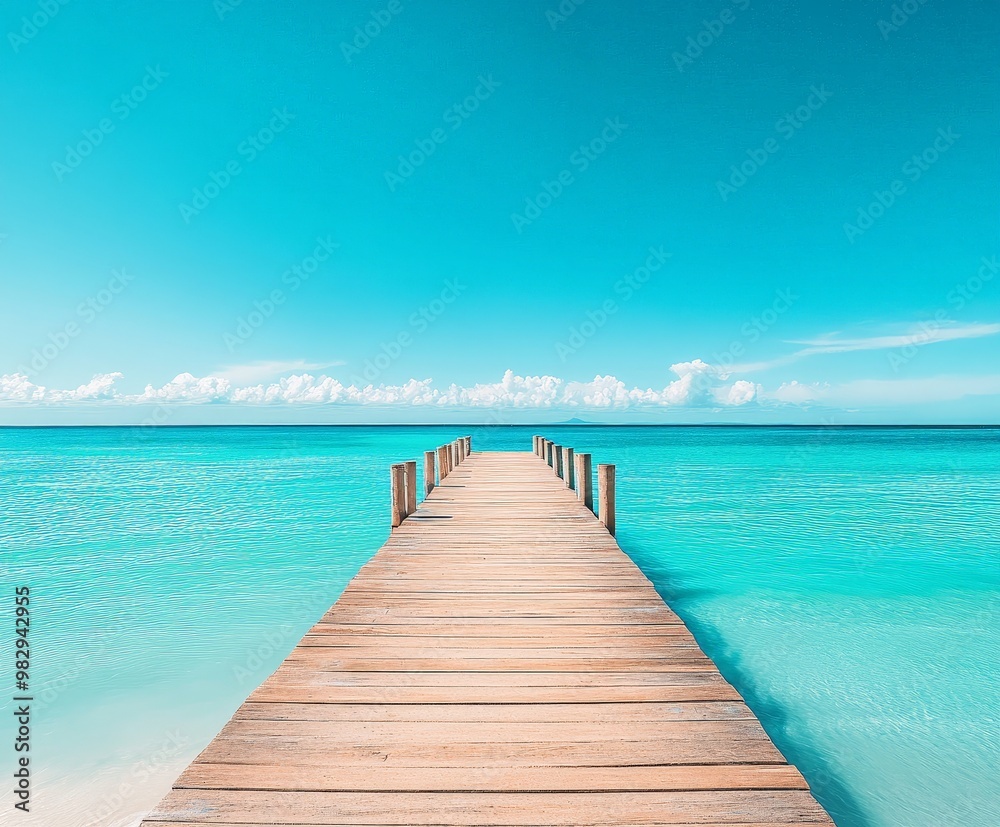 A wooden pier is in front of a beautiful blue ocean