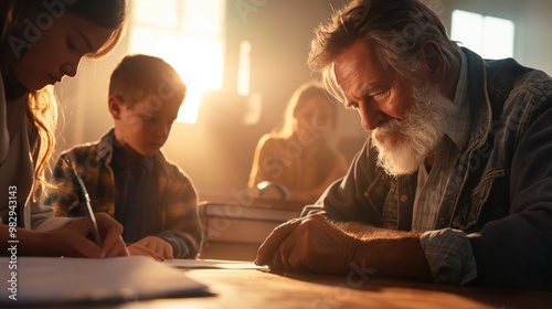 Migrant family receiving legal advice from an attorney, expressions of concern and hope, sense of guidance and protection, office setting with legal books and documents