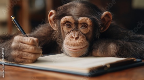 This young chimpanzee is intently focused on writing in a notebook, resting its chin on the desk, showcasing a moment of curiosity and playfulness in a warm indoor environment