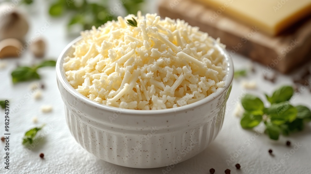 Grated cheese sits invitingly in a bowl, accented by fresh herbs and spices nearby Grated cheese sits invitingly in a bowl, accented by fresh herbs and spices nearby