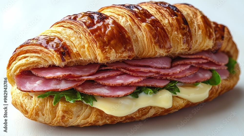 Golden croissant filled with ham, creamy cheese, and crisp greens Golden croissant filled with ham, creamy cheese, and crisp greens