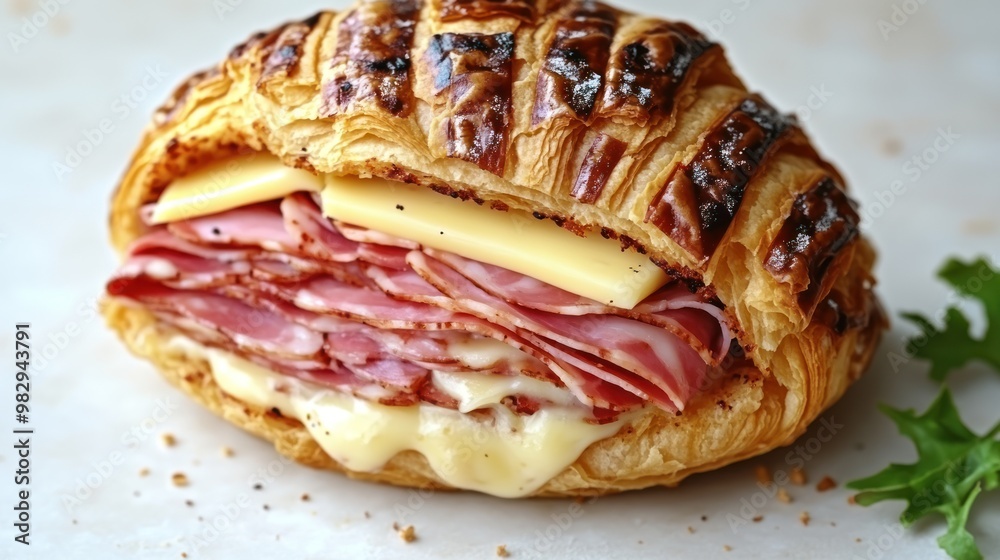 A flaky croissant filled with savory ham and creamy cheese delights the senses A flaky croissant filled with savory ham and creamy cheese delights the senses