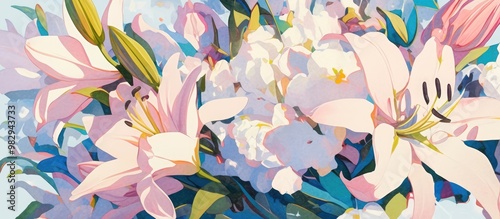 Close up painting of stargazer lilies showcasing intricate details and vibrant colors