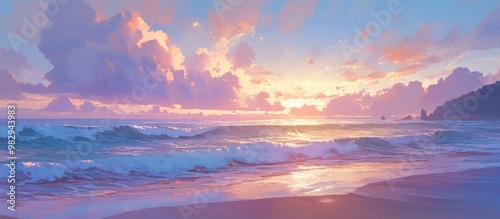 Fototapeta Naklejka Na Ścianę i Meble -  Serene sunset painting of a beach scene with gentle waves and vibrant sky colors