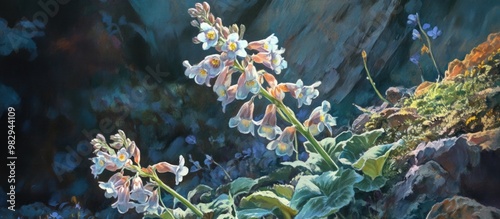 Painting of Corydalis solida also known as fumewort or bird in a bush depicts a flowering plant from the Papaveraceae family found in damp shaded environments photo