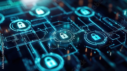 Digital security network with padlocks.
