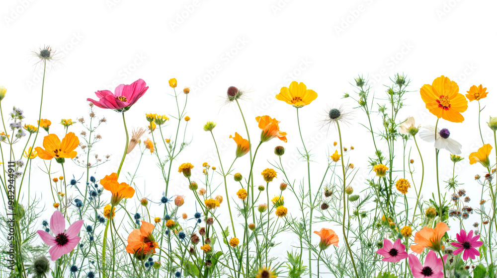 Wild flower on white background. Close-up of a variety flowers on a meadow. Wild flower on white background. Close-up of a variety flowers on a meadow.