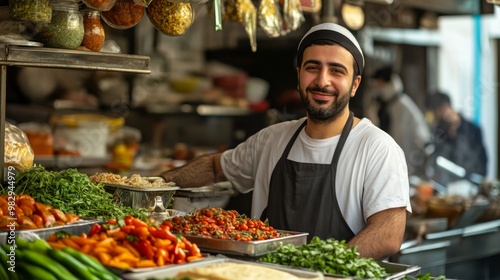 A smiling vendor displays fresh produce at a vibrant market stall, surrounded by colorful vegetables and herbs. photo