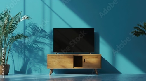 Modern Living Room Interior with TV Cabinet and Blue Wall