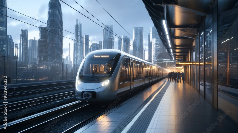 A modern electric train arriving at a sleek, well-designed urban station, with passengers waiting and the city skyline in the background. A modern electric train arriving at a sleek, well-designed urban station, with passengers waiting and the city skyline in the background.