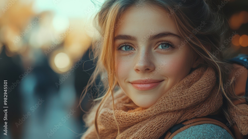 Portrait of a young woman smiling with blue eyes and freckles Portrait of a young woman smiling with blue eyes and freckles