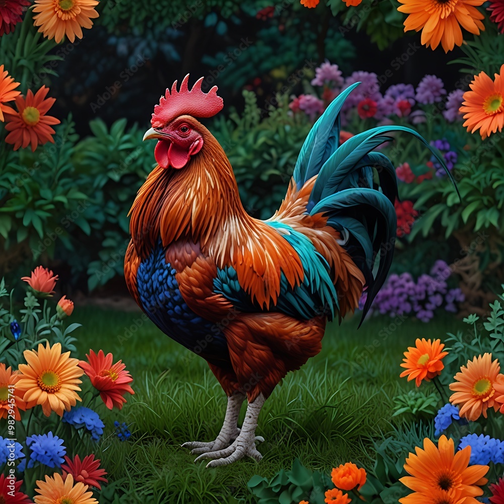 custom made wallpaper toronto digitalHyper realistic, neon bold, kaladioscope color, chicken, rooster, cottagecore, garden background