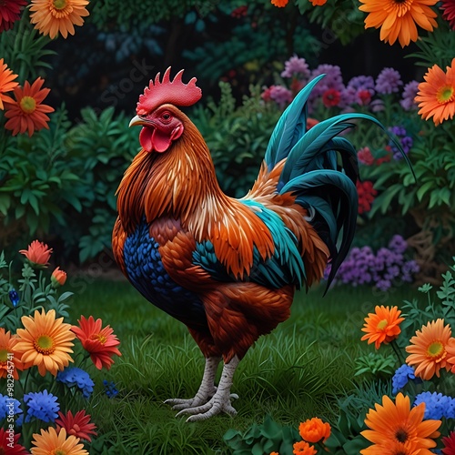 Wallpaper Mural Hyper realistic, neon bold, kaladioscope color, chicken, rooster, cottagecore, garden background Torontodigital.ca