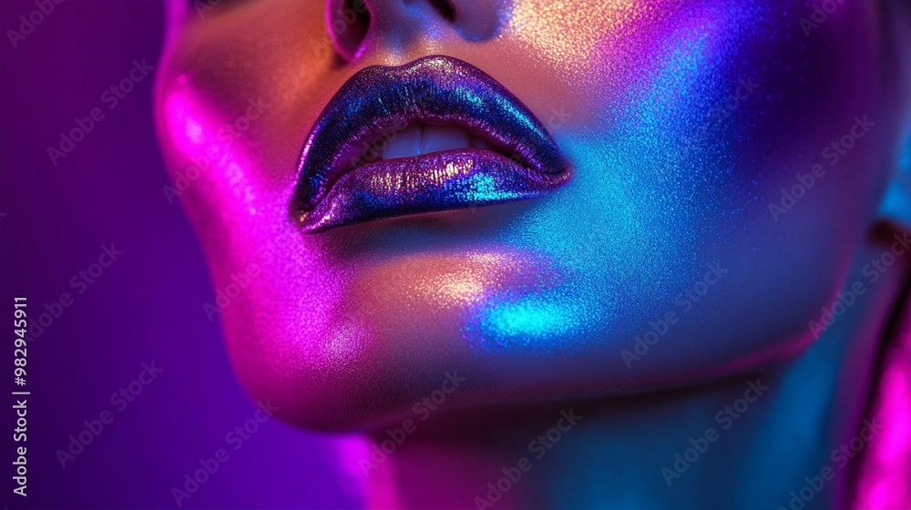 Vibrant neon-lit close-up of glossy lips and skin, showcasing a mesmerizing blend of electric blue and hot pink hues in a futuristic beauty portrait. Vibrant neon-lit close-up of glossy lips and skin, showcasing a mesmerizing blend of electric blue and hot pink hues in a futuristic beauty portrait.