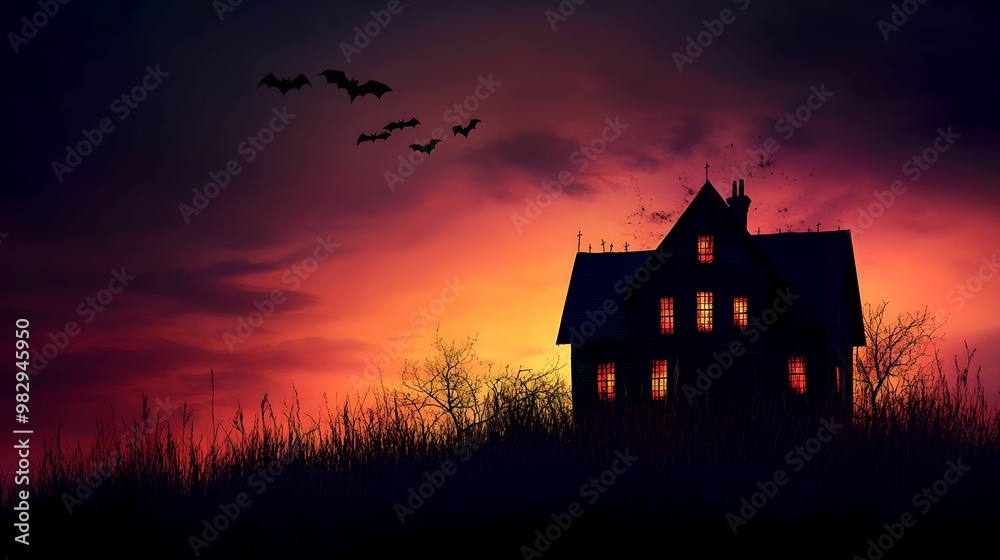 Eerie Haunted House Silhouette with Flying Bats, spooky, twilight, sky, dark Eerie Haunted House Silhouette with Flying Bats, spooky, twilight, sky, dark