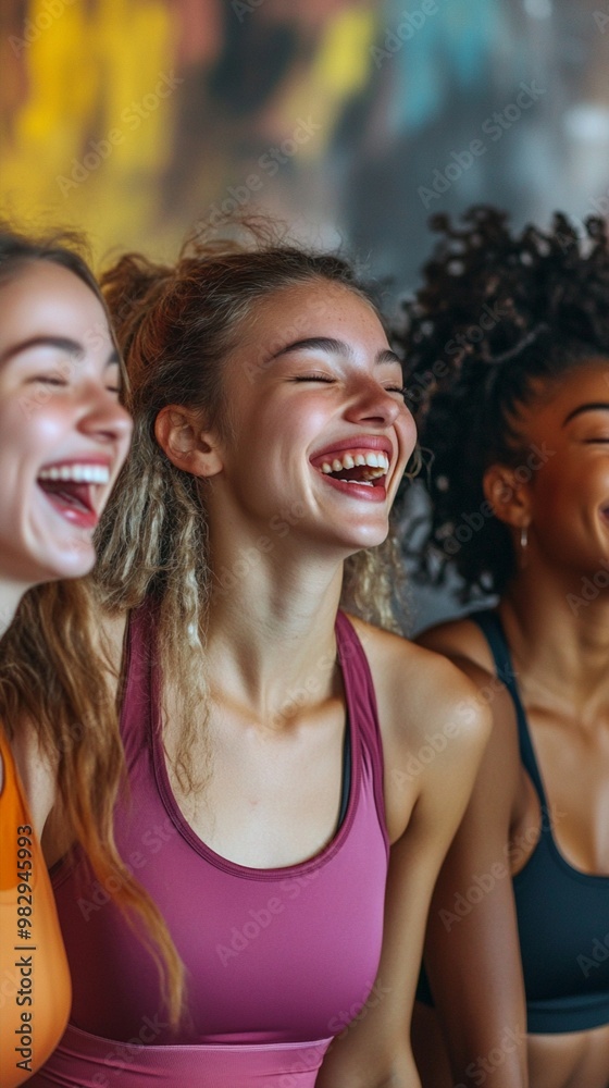 Joyful friends share a hearty laugh during fitness class, their faces beaming with genuine happiness. Colorful workout attire and diverse hairstyles add vibrancy to the scene. Joyful friends share a hearty laugh during fitness class, their faces beaming with genuine happiness. Colorful workout attire and diverse hairstyles add vibrancy to the scene.