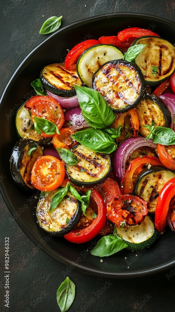Vibrant grilled vegetables in a rustic black bowl: colorful mix of zucchini, eggplant, tomatoes, and bell peppers, garnished with fresh basil leaves. Vibrant grilled vegetables in a rustic black bowl: colorful mix of zucchini, eggplant, tomatoes, and bell peppers, garnished with fresh basil leaves.