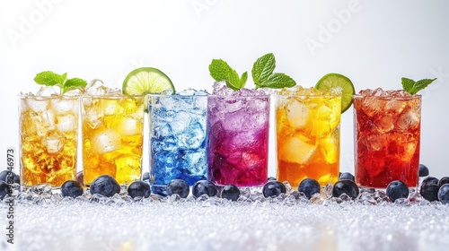 Colorful Summer Cocktails with Ice and Fruit Garnish photo