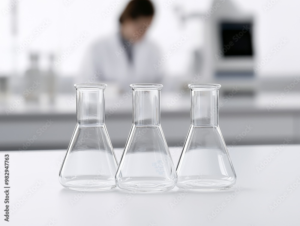 Transparent Symmetry Closeup of Clear Glass Erlenmeyer Flasks on White Surface in Scientific Laboratory Setting Minimalist Scientific Precision Concept Transparent Symmetry Closeup of Clear Glass Erlenmeyer Flasks on White Surface in Scientific Laboratory Setting Minimalist Scientific Precision Concept