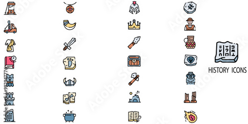 History simple concept 28 colour icons set. Contains such medieval warrior avatar, fairytale sign. Knight battle sword, armour helmet, power weapon, witch hat .Vector illustration.