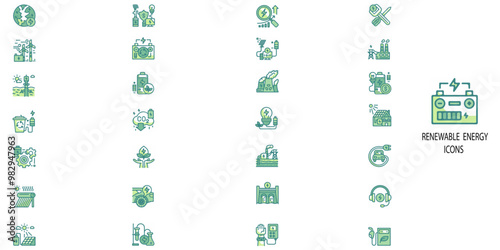 Renewable simple concept 28 colour icons set. Contains such Green energy, renewable energy,policy, enviroment, biosphere, energy saving, accumulator, electric tower, .Vector illustration.