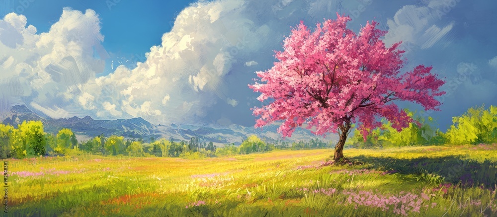Blooming pink sakura in a meadow 2d illustration featuring Japanese cherry trees among vibrant greenery depicting a serene spring landscape with a single cherry blossom tree Blooming pink sakura in a meadow 2d illustration featuring Japanese cherry trees among vibrant greenery depicting a serene spring landscape with a single cherry blossom tree