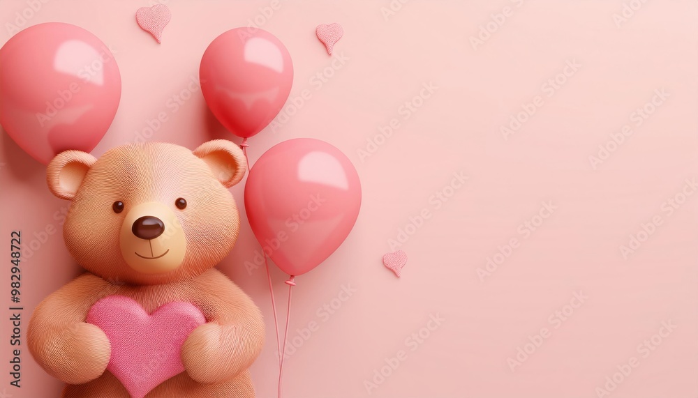 A teddy bear is holding a heart and surrounded by pink balloons