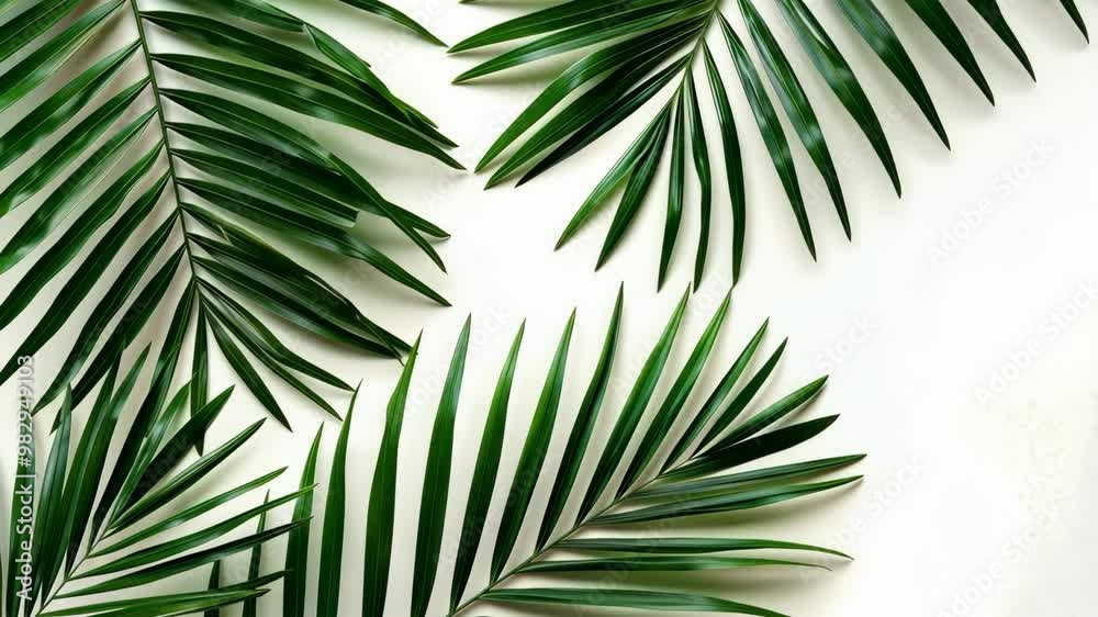 Exploring the vibrant beauty of palm leaves arranged on a white background in sunlight Exploring the vibrant beauty of palm leaves arranged on a white background in sunlight
