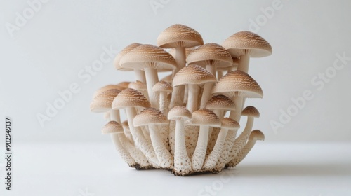 A neat cluster of Yanagi mushrooms standing upright on a minimalist white surface, with the slender stems creating an elegant vertical composition photo