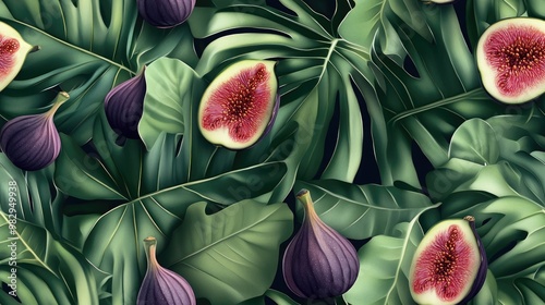 Tropical leaves and figs on a seamless background photo