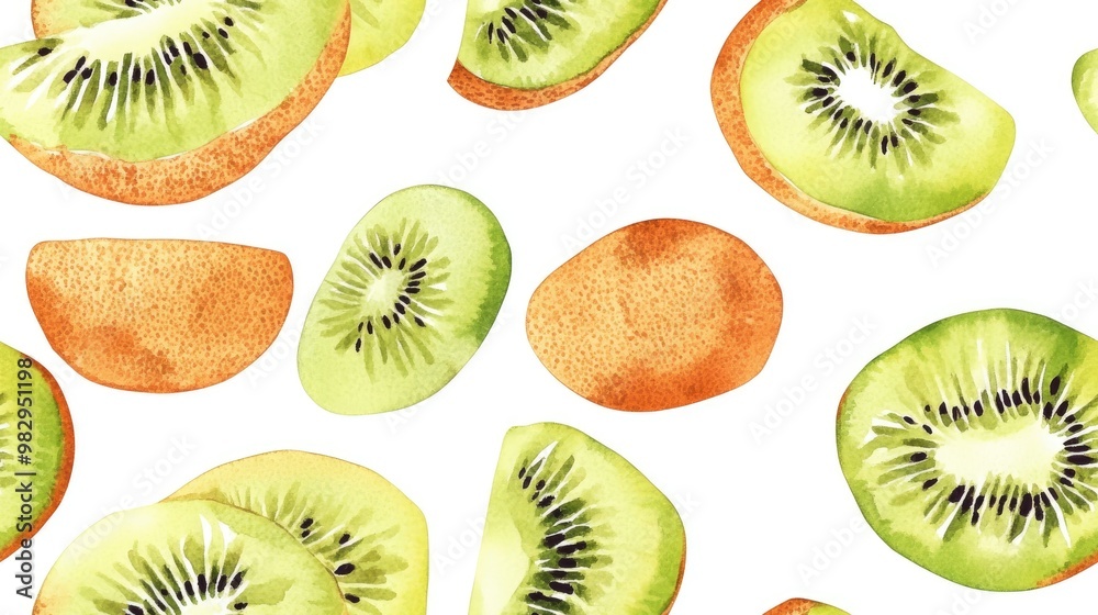 Fototapeta premium Seamless watercolor pattern featuring kiwi fruit Fruity backdrop