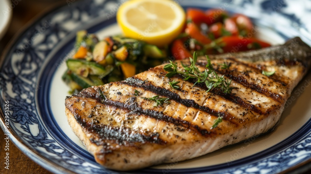 A perfectly grilled fish steak served on a plate with a side of saut vegetables and a lemon wedge, garnished with fresh herbs. A perfectly grilled fish steak served on a plate with a side of saut vegetables and a lemon wedge, garnished with fresh herbs.