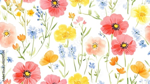 Seamless floral pattern featuring hand painted wildflowers