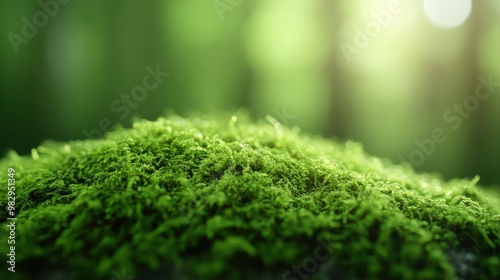 A closer look at lush green moss, gently illuminated by the filtered sunlight of a forest setting, showcasing its vibrant color and intricate texture in nature's tranquility. photo