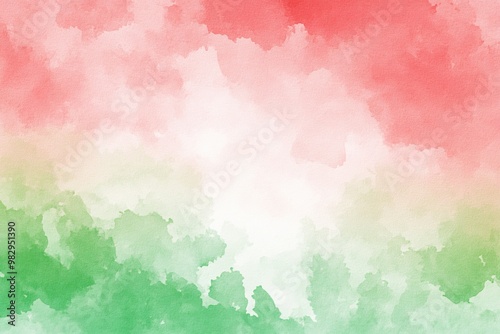 A vibrant watercolor background featuring soft red, white, and green hues, perfect for artistic designs or festive themes.