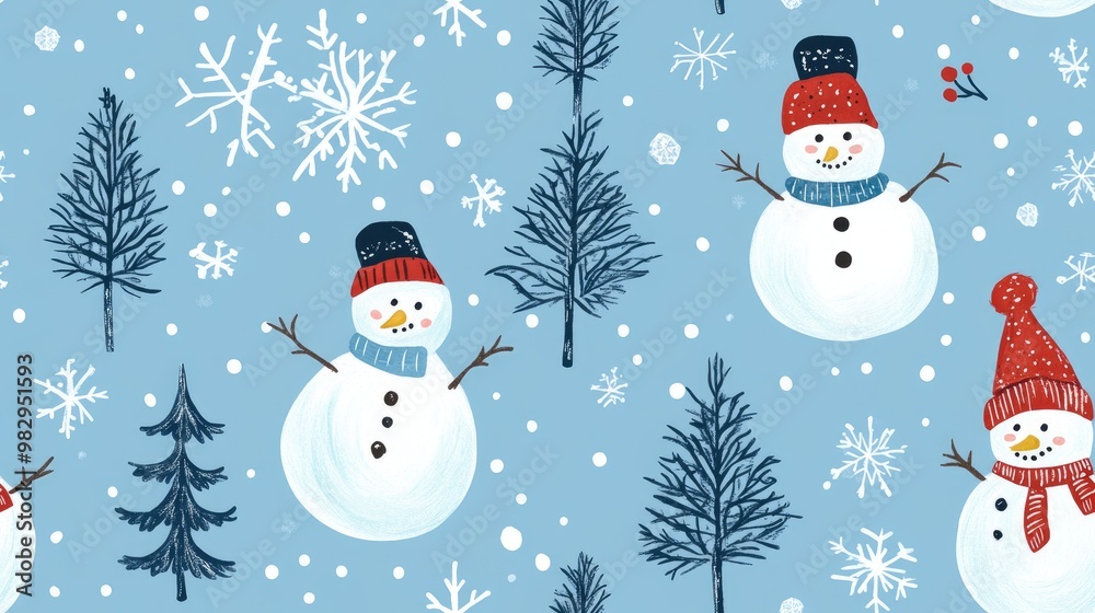 Seamless hand drawn pattern featuring winter trees snowmen and snowflakes Seamless hand drawn pattern featuring winter trees snowmen and snowflakes