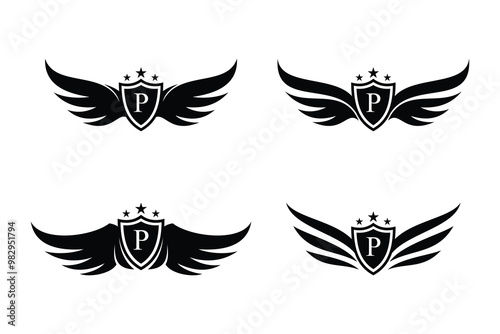 Set of wings symbol logo combined with letter p and creative element