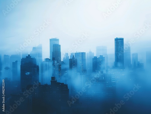 Cityscape in Fog, Blue Tones, Urban Photography, Skyscrapers, Foggy City , cityscape, fog