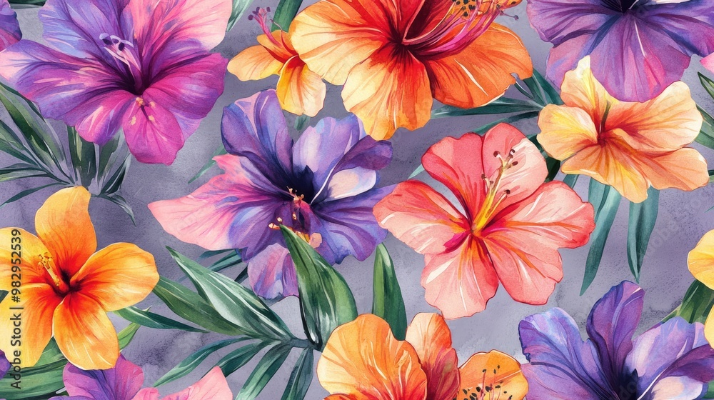 Watercolor seamless pattern featuring vibrant tropical flowers Exotic patchwork design for fabric use Continuous background in lilac gray Watercolor seamless pattern featuring vibrant tropical flowers Exotic patchwork design for fabric use Continuous background in lilac gray